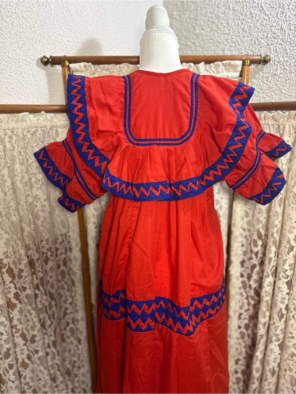 Vintage 1970s Handmade Red Cotton Folk Prairie Maxi Dress - Picture 4 of 5